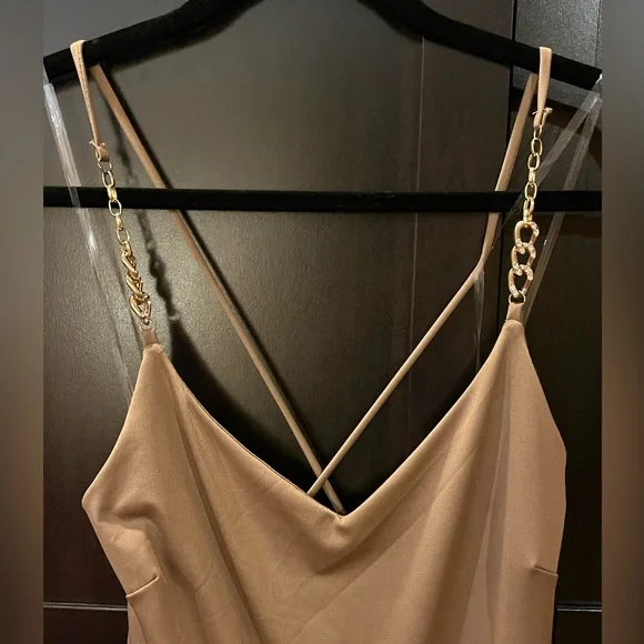 Wide leg jumpsuit/ romper crisscross back,  gold chain w/ rhinestones. Tan. Sz M - Picture 2 of 11